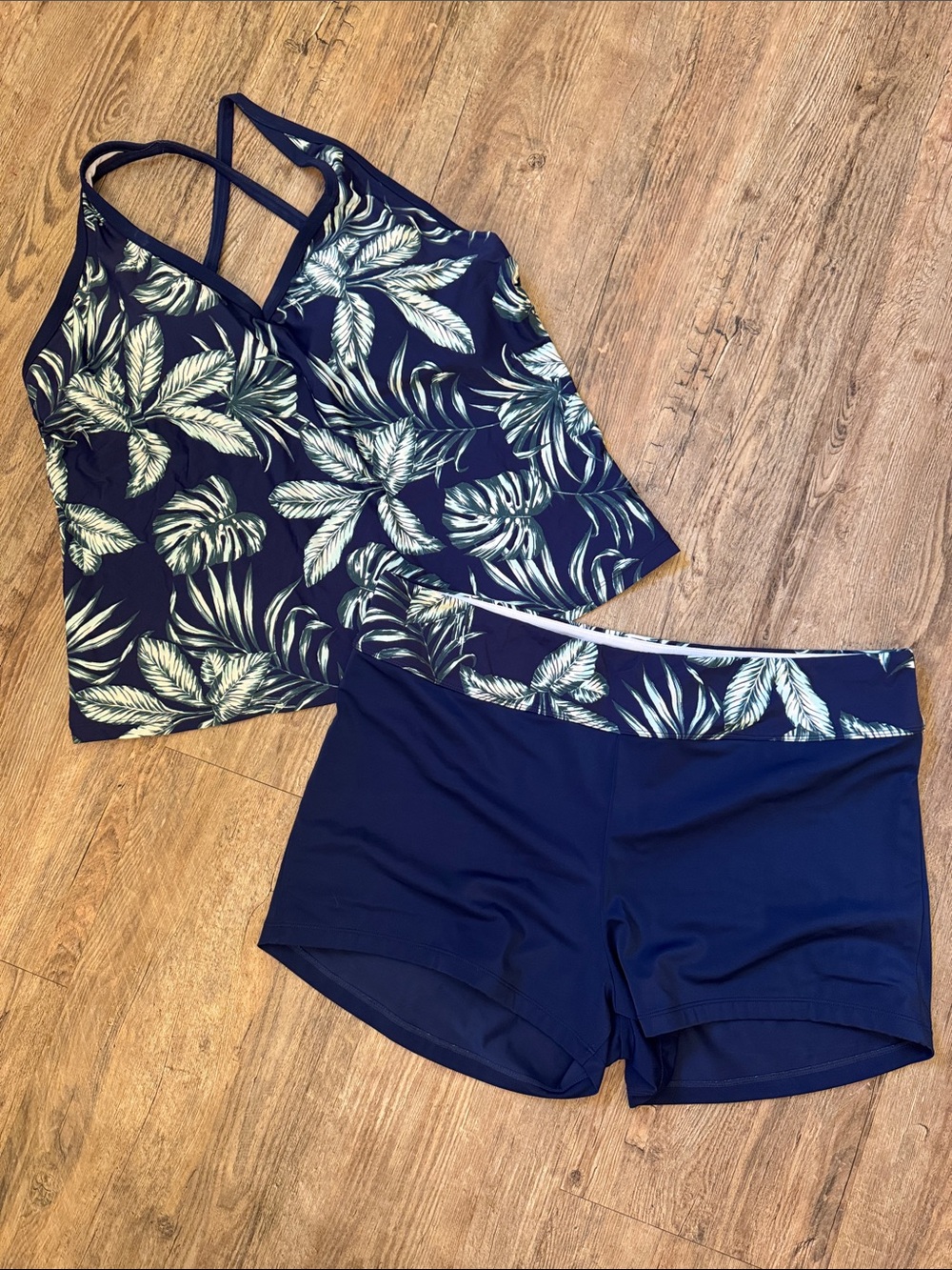Navy Tropical Leaf Tankini Top & Swim Shorts